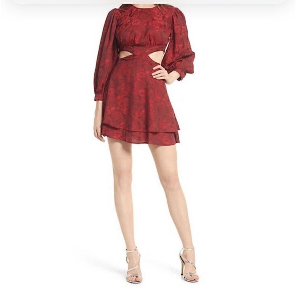 RAHI Flora Cutout Mini Dress Medium Large 
Red Floral Long Sleeves